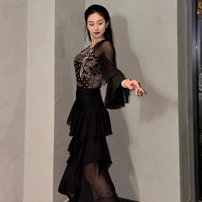 Vestido de baile de salón para mujer, traje de baile estándar moderno, ropa de entrenamiento de gasa, falda de práctica negra, Ropa de baile de salón 4910