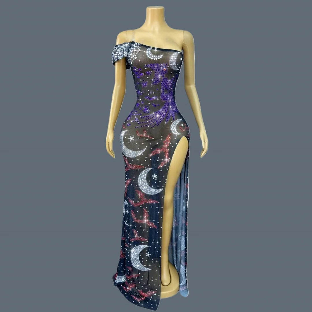 High-end Black See Through Mesh Evening Gown Sexy Women Party High Side Slits Sparkly Moon Rhinestone Elegant Long Dress Nvwu