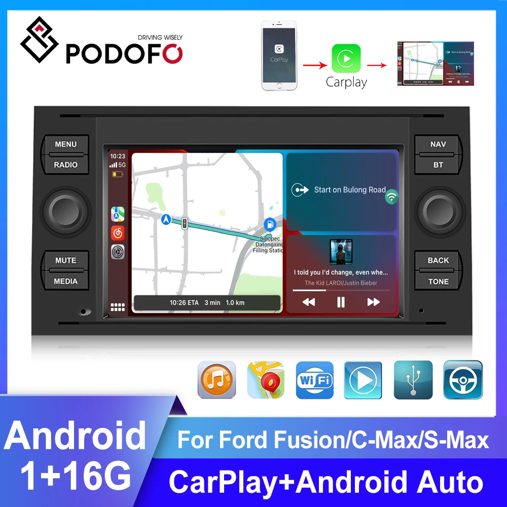 Podofo Android 2 Din Carplay 7 Inch Stereo For Ford Focus/ CMX/Fusion/transit GPS Mirror Link Car Multimedia Video MP5 Player