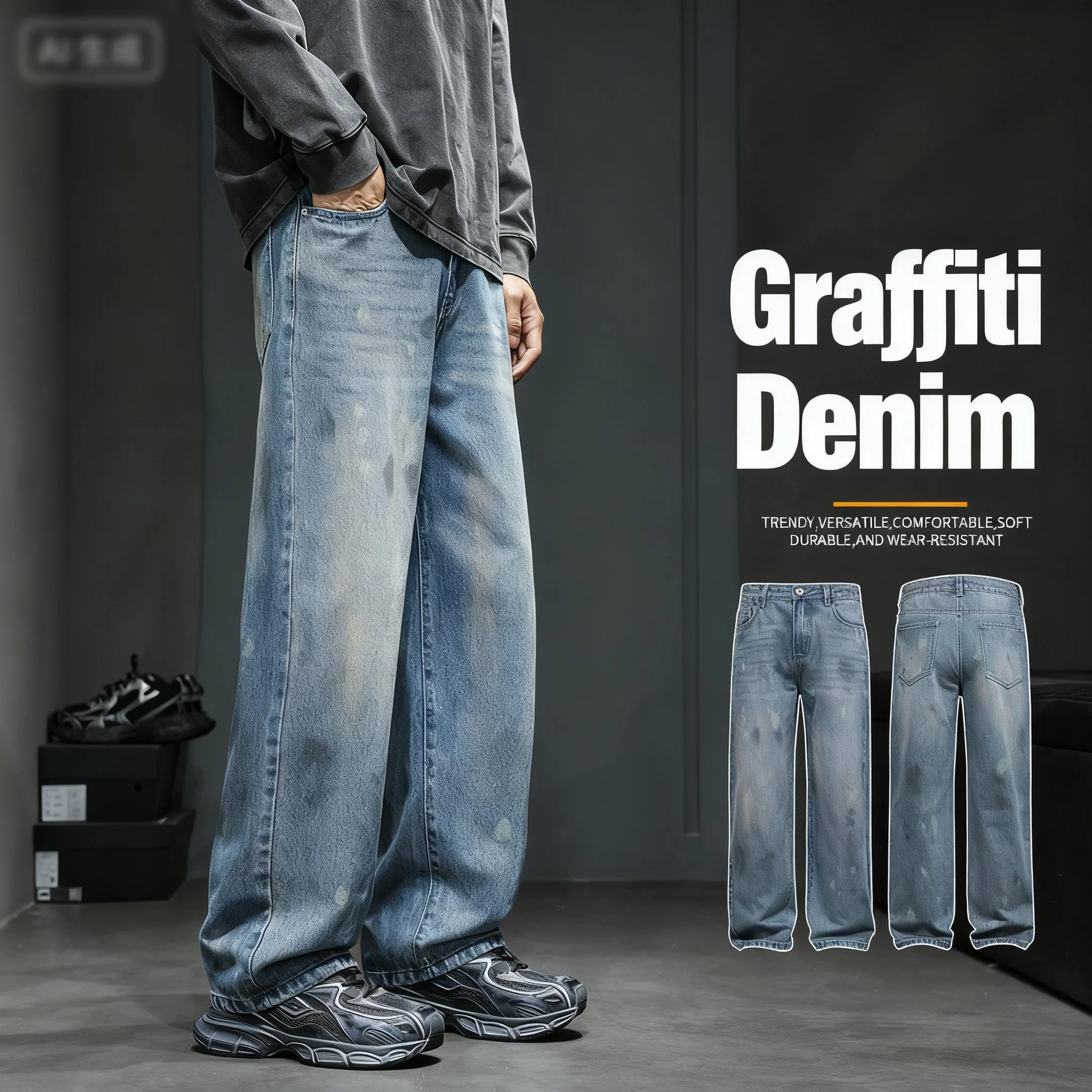 

Осенние новые джинсы с граффити, окрашенные распылением, мужские прямые свободные модные брендовые широкие брюки, универсальные длинные брюки в американском стиле High Street