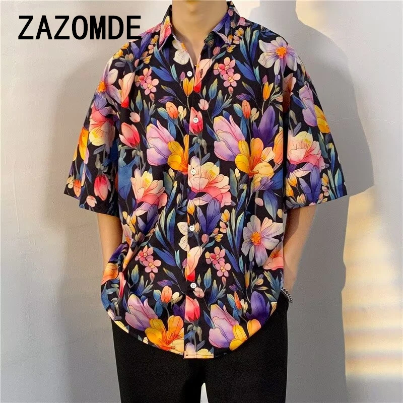 Zazomde Zomer Korte Mouwen Bedrukt Overhemd Strand Persoonlijkheid Paar Tops Retro Hiphop Mannen Losse Casual Shirts Hawaiiaanse Kleding