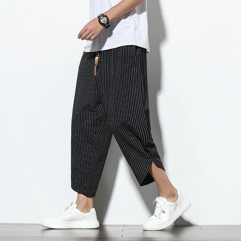 2024 Summer Casual Men\'s Pants Harajuku Striped Baggy Pants Cotton Linen Wide Leg Harem Trousers For Men