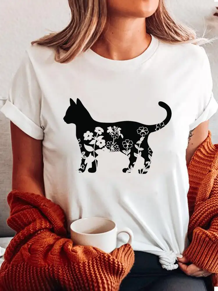 

T Female Casual Graphic T-shirts Clothing Summer Fashion Cat Sweet Animal Cute Printed Short Sleeve Tee Women Clothes