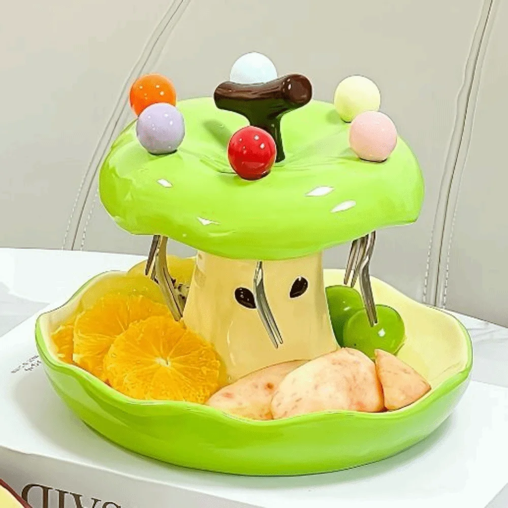 

Creative Colorful Fruit Fork Plate Set Comfortable Grip Decorative Dessert Fork with Holder Ceramic Holder Household