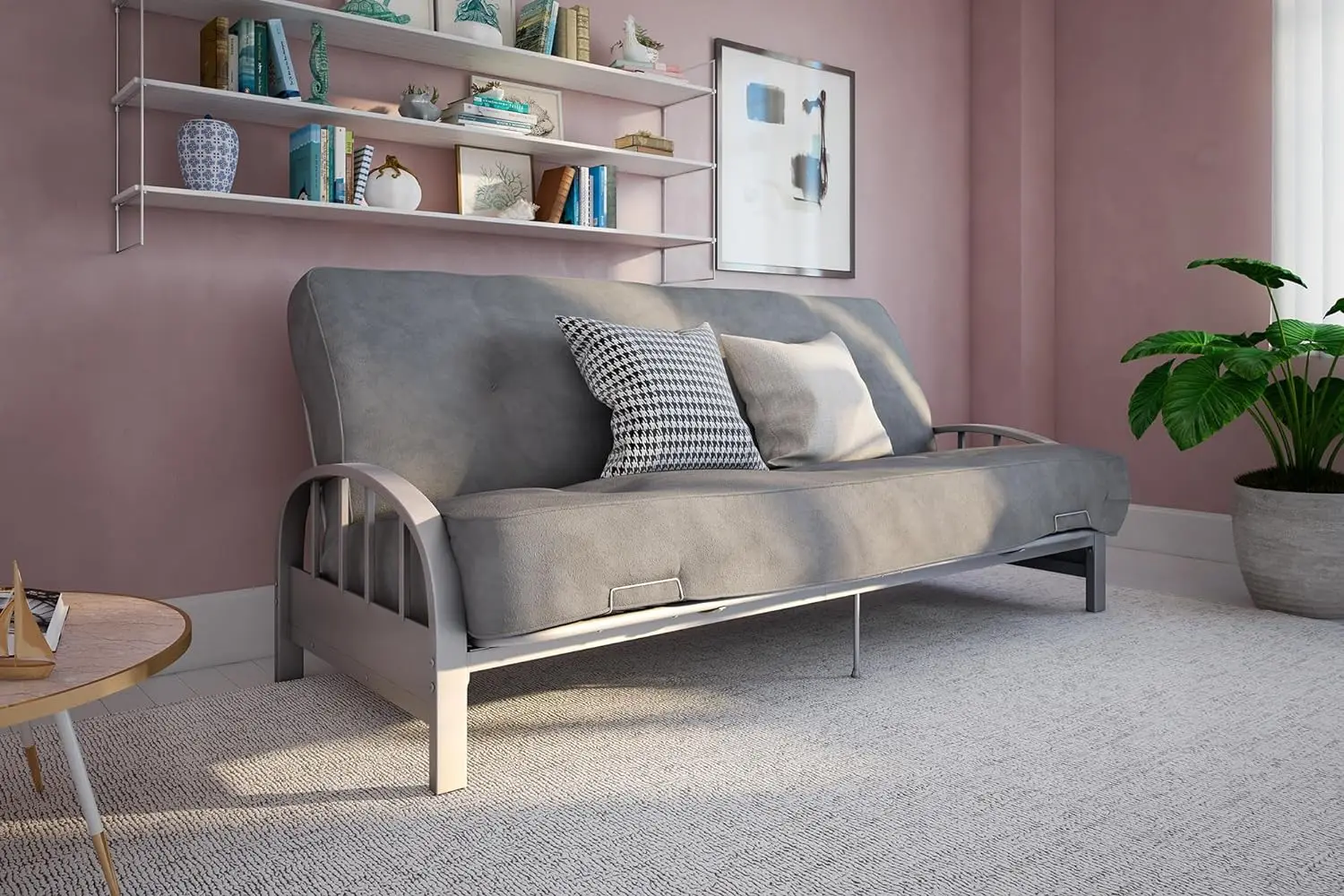 Silver Futon Metal Frame, converte-se facilmente em uma cama de tamanho completo