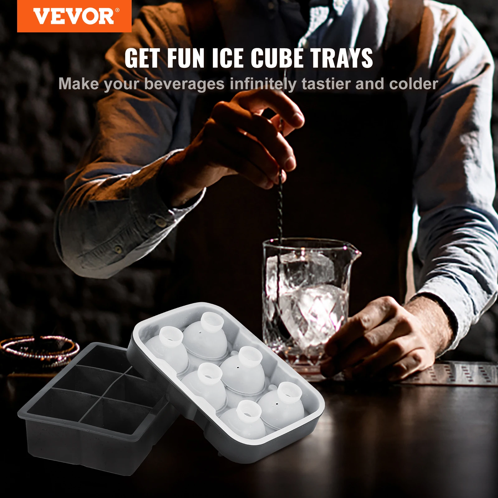 VEVOR 2-in-1 Ice Cube Trays Combo with Silicone Sphere Ice Ball Maker & Large Square Ice Cube Maker with Lid