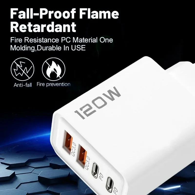 120 واط 4 ميناء USB C شاحن PD3.0 محطة شحن سريعة كابل بيانات الجدار محول آيفون سامسونج شاومي ريدمي هواوي الاتحاد الأوروبي الولايات المتحدة التوصيل