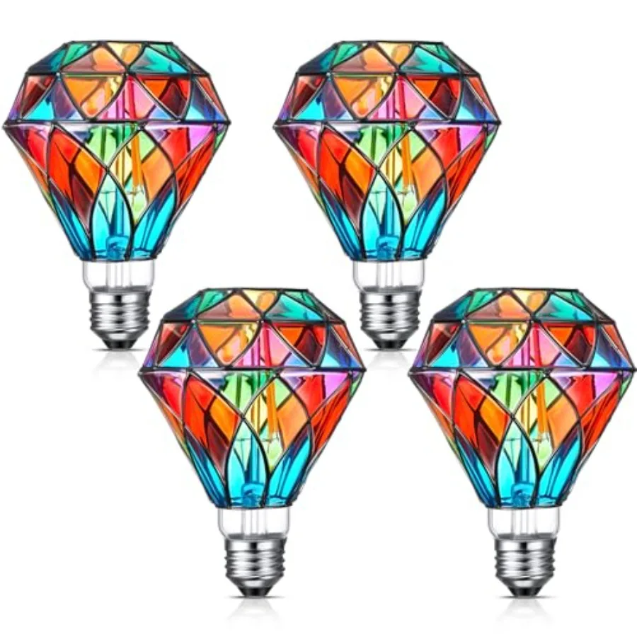 4 Pcs Stained Glass LED Light Bulb Diamond Shape E26 Base A60 6 Watts G95 Shape Colorful Flickering Light Bulbs for Christmas,
