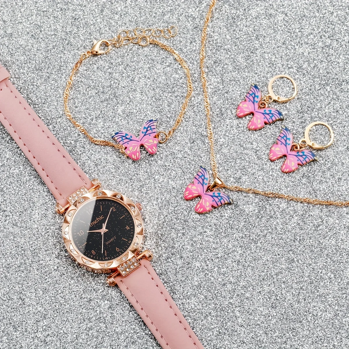 5 unids/set reloj de mujer reloj de cuarzo con diamantes de imitación estrellados reloj de pulsera analógico de cuero PU y conjunto de joyería de mariposa, regalo para mamá y ella