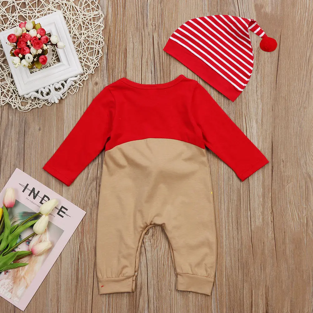

Baby Christmas Bodysuit Set 12-18 Months Red Nose Cartoon Reindeer Long Sleeve Jumpsuit with Stripe Hat for Holiday Party Wear