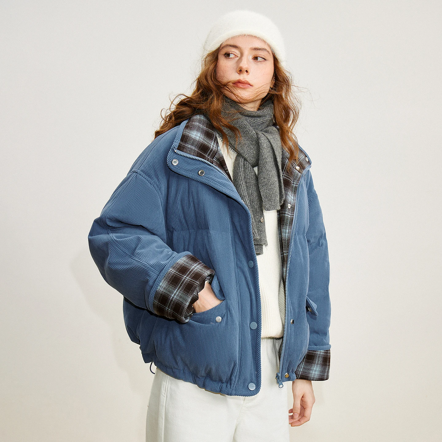 TOYOUTH Vrouwen 90% Witte Eend Donsjack 2025 Winter Nieuwe Retro Corduroy Plaid Pluizige Dubbelzijdig Warme Jas