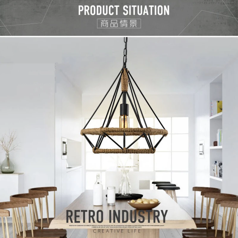 Retro Industrial Chandelier Russian Attic Cage Diamond-shaped Hemp Rope Dining Room Living Kitchen Bedroom Black Rope Lamp