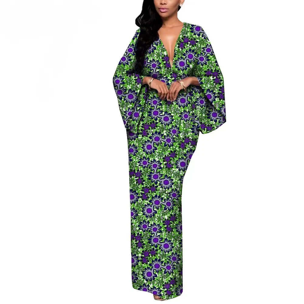 

Sale!! African Dresses for Women Maxi Dress AFRIPRIDE Flare Sleeve V-neck Font and Back Ankle-length African Cotton Dress