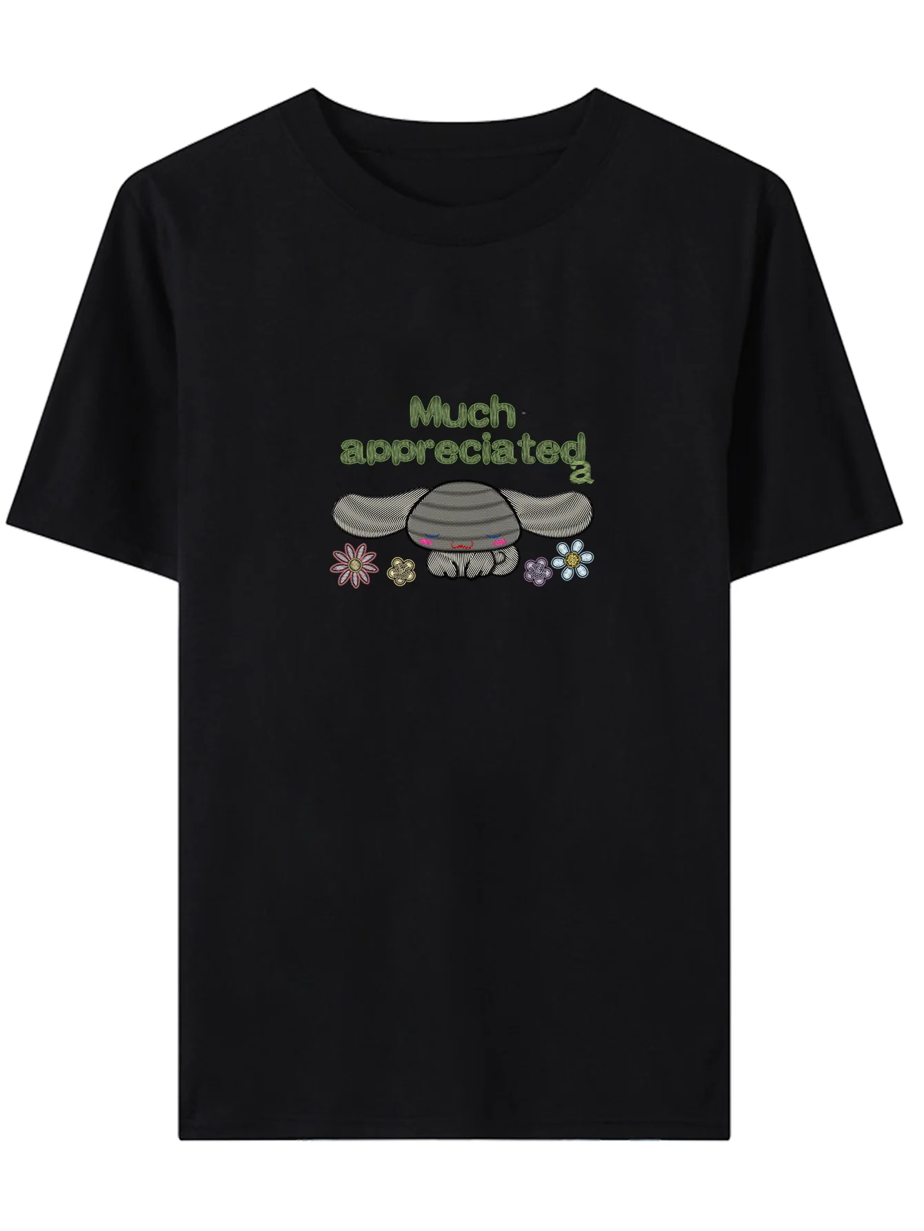 

1 шт. женская белая повседневная футболка Cinnamoroll Much с круглым вырезом и короткими рукавами с имитацией вышивки и принтом