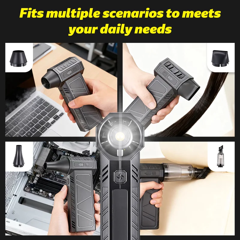 Elektrischer Luftreiniger, 110000 U/min, leistungsstarkes kabelloses Luftgebläse mit Batterieanzeige, tragbarer Turbo-Lüfter für Auto/PC/Zuhause/Camping/Schnee