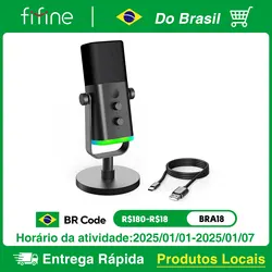 Fifine microfone dinâmico usb/xlr com controle rgb/jack de fone de ouvido/mudo, microfone para gravação de jogos de pc streaming AmpliGame-AM8