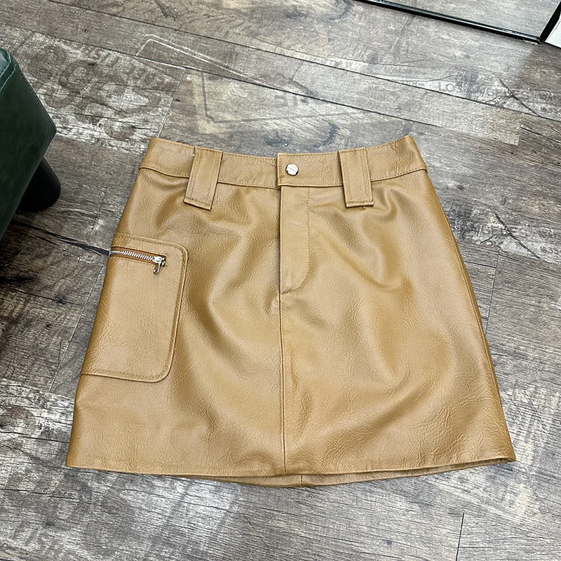 2024 Fall New Sheep Leather Lychee Pattern Workwear Style Short Skirt Fashion Women High Waist Package Hip Real Leather Skirts