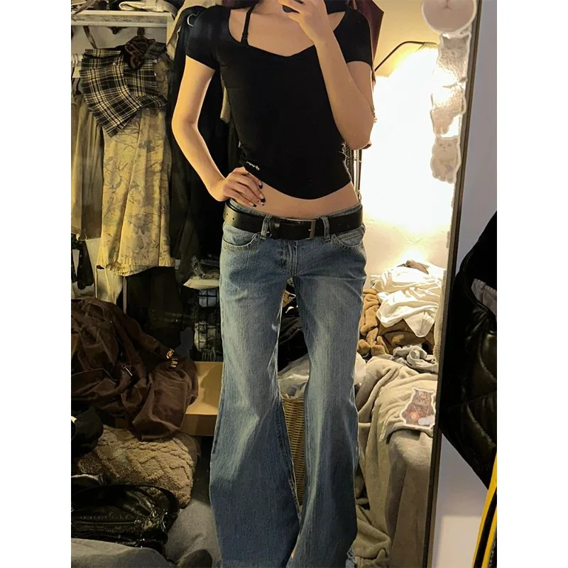 Vintage Y2k Flaredกางเกงยีนส์ผู้หญิงRetroปุ่มLow Rise Casual DenimกางเกงHarajuku 2000S AestheticกางเกงBasicกางเกงยีนส์ฤดูร้อน