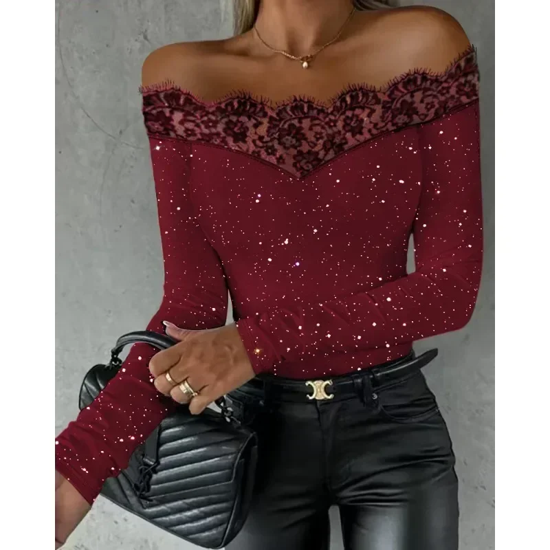 Spring Summer New Women\'s Solid Color Lace Stitching off-Shoulder Long Sleeve Dusting Powder Top