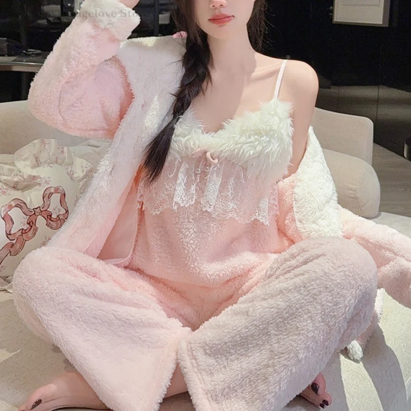 

Осень-зима, пижамный комплект из 3 предметов, домашняя одежда, женская милая фланелевая одежда для сна, утепленная теплая пижама, костюм, сексуальное нижнее белье на бретелях, домашняя одежда