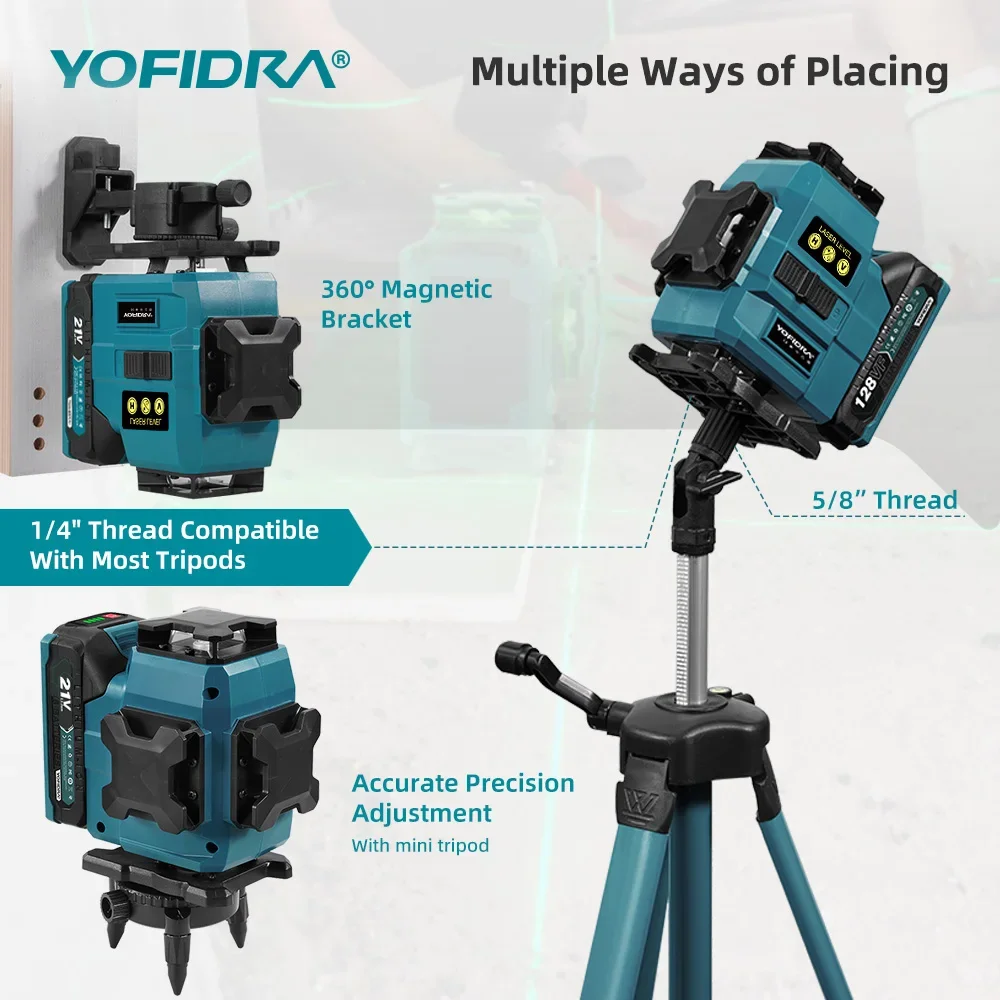 YOFIDRA 4D 16 Linien Ultra Leistungsstarker Grüner Strahl 360 ° Selbstnivellierende horizontale Lasernivelliergeräte mit 1-Meter-Stativ für Makita 21V-Akkus – Detail 12