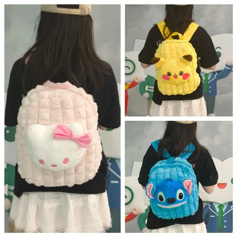 

New anime cartoon Japanese cute Pokemon Pikachu Sanrio Hello Kitty plush backpack Disney Lilo and Stitch student school bag gift