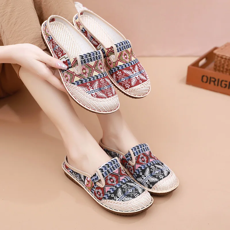 2024 Fashion Women\'s Shoes Ethnic Style Embroidered Linen Breathable Outdoor Casual Slippers Shoes for Women Zapatos De Mujer