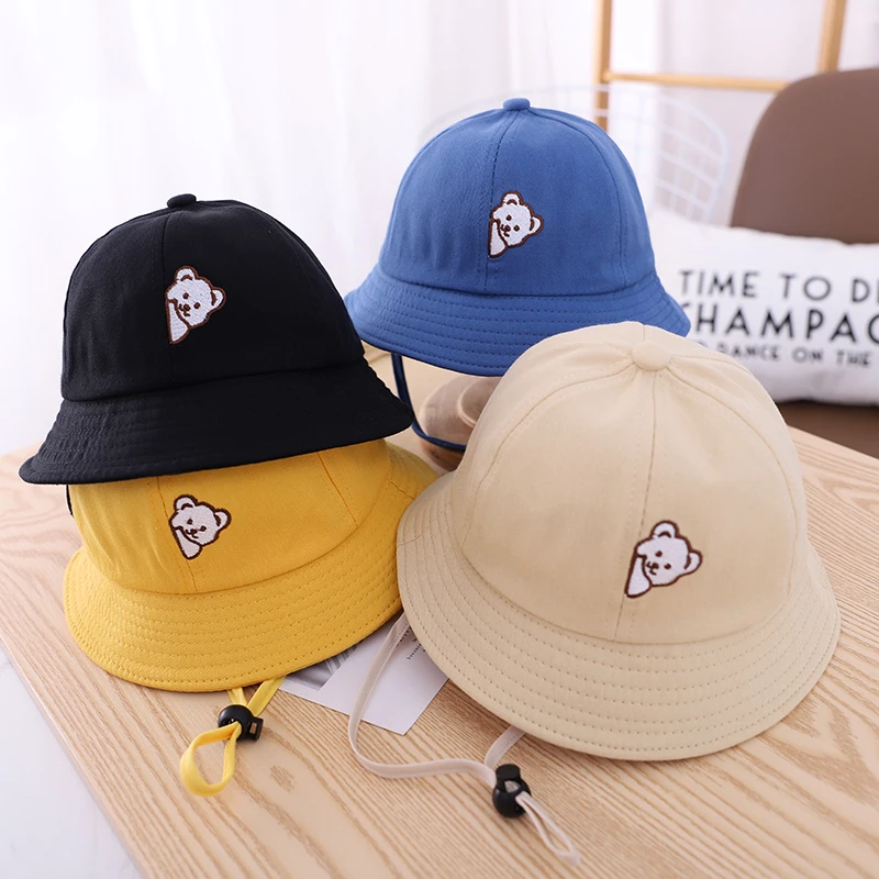 

Cartoon Cute Baby Bucket Hat Summer Bear Embroidery Solid Color Sunshade Fisherman Cap Boys Girls Infant Kids Casual Outdoor Hat
