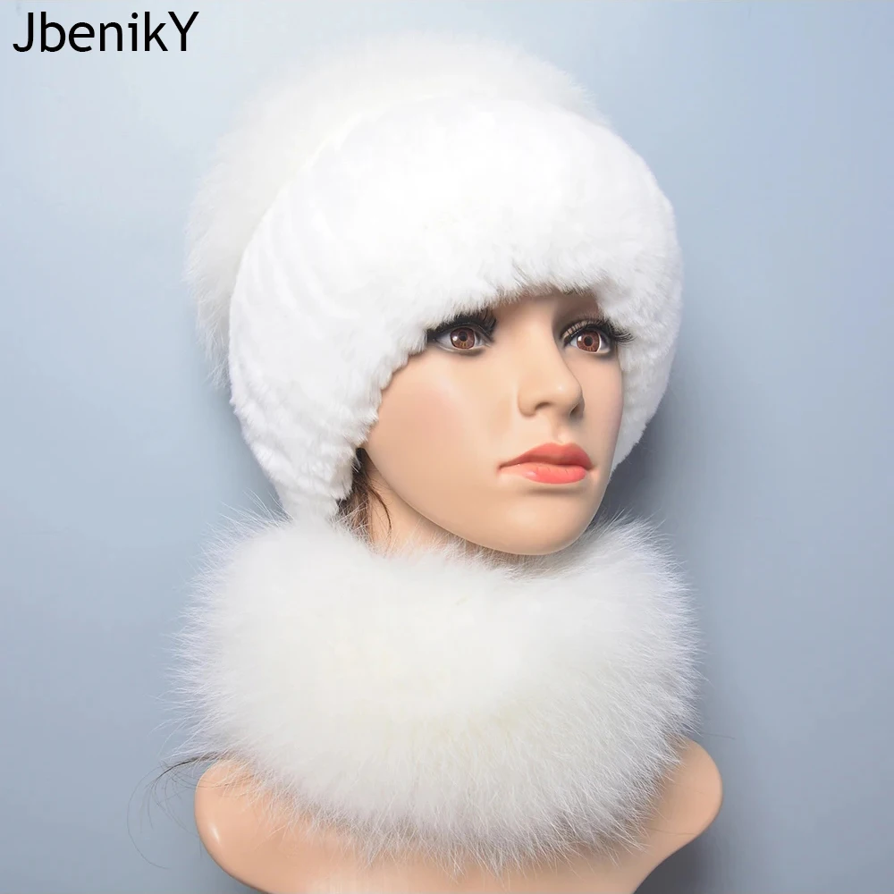 

Luxury Women Real Fox Fur Scarf Hat Set Beanies Knitted Skullies Warm Real Rex Rabbit Fur Cap Natural Fox Fur Cap Scarves Sets