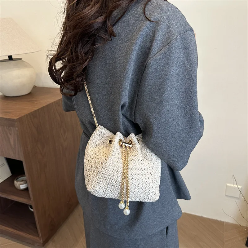 Women Straw Woven Bucket Bag Chain Drawstring Summer Commuter Korean Simple Solid Color Shoulder Crossbody Handbag