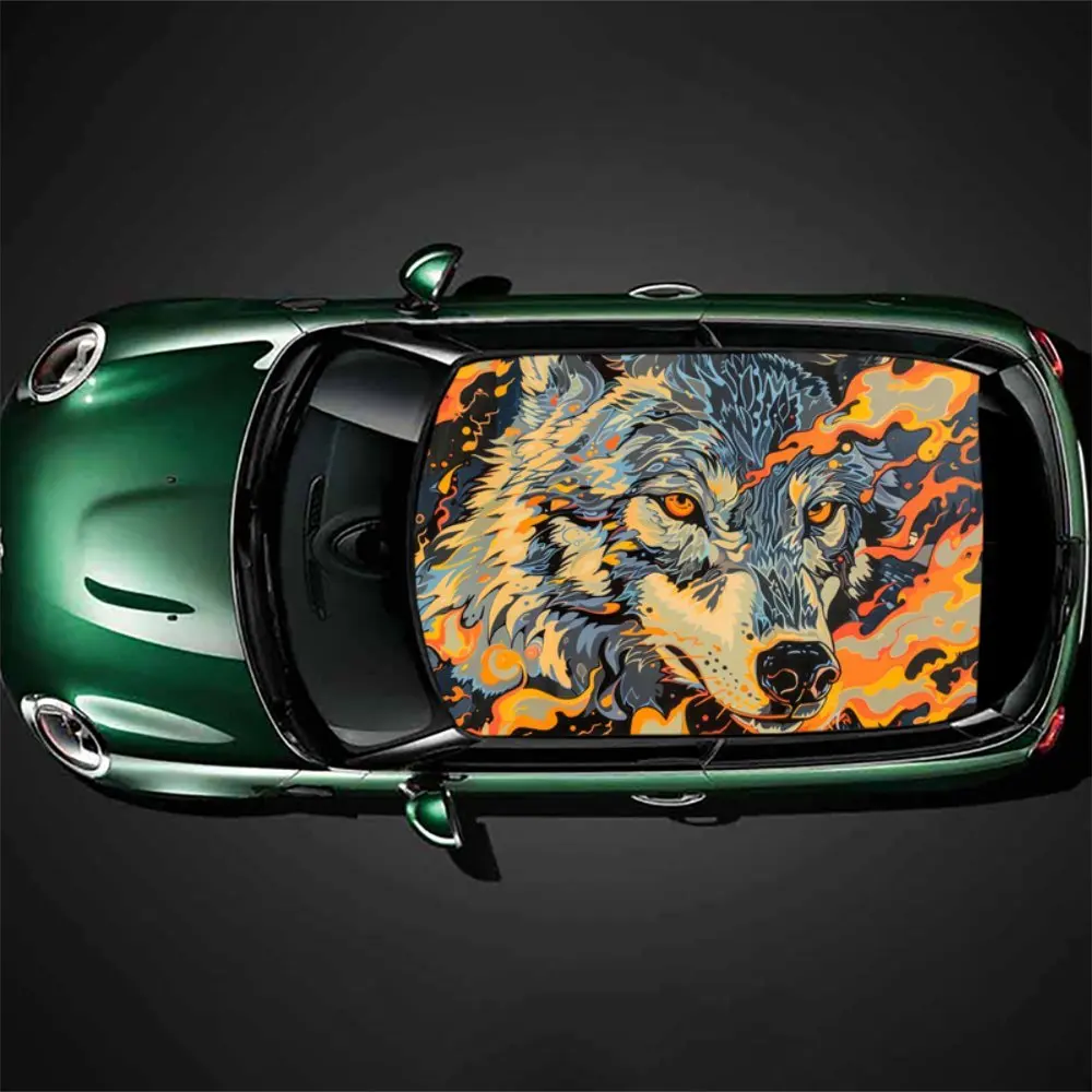 Wolf in Flames pattern car vinyl wraps, car roof graphic stickers, instantly ignite your driving passion