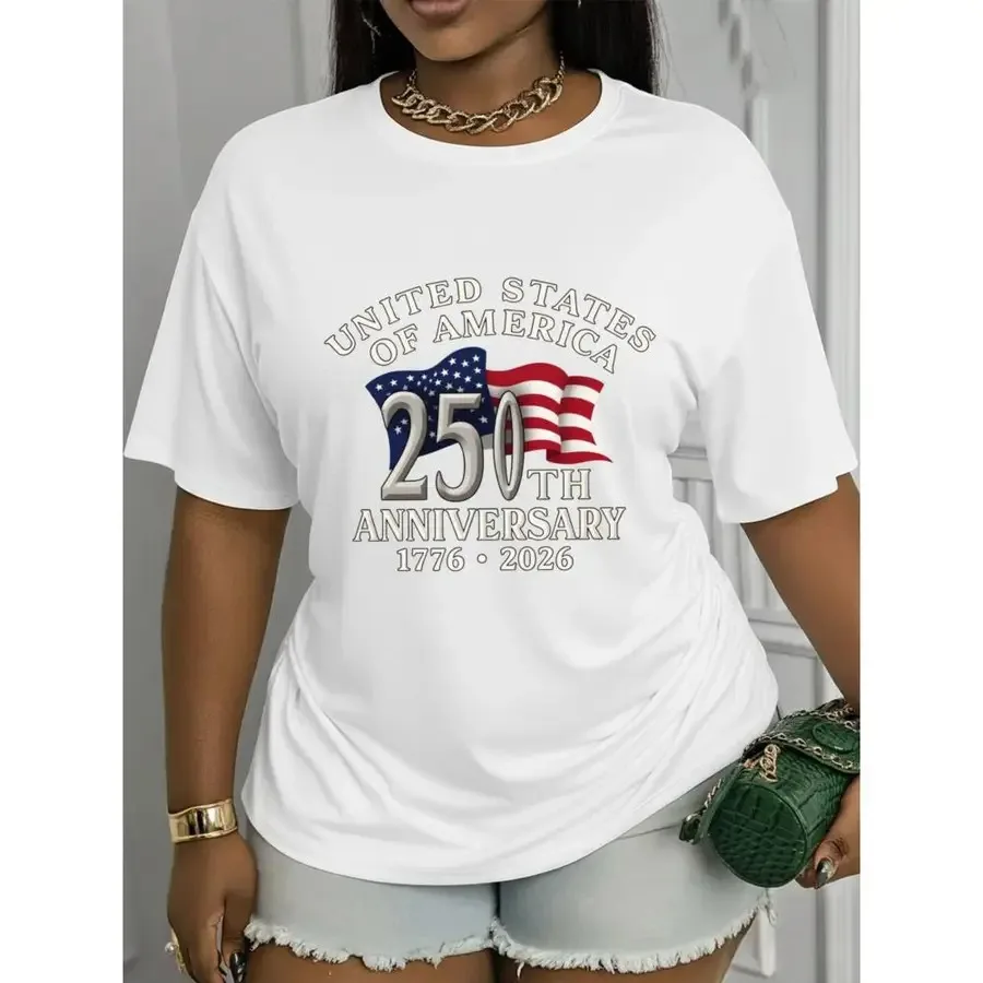 【New style】Short-Sleeved Casual Top for Women Celebrating The 25Th Month Anniversary of The United States Perfect for Vacations