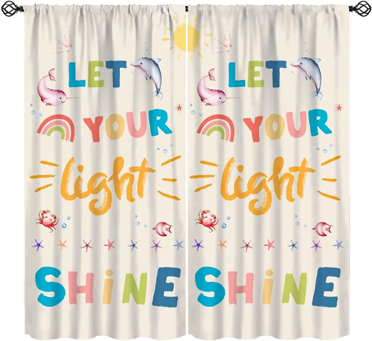 Kids Quotes Curtain Inspirational Motivational Positive Window Treatments Cartoon Ocean Sea Animals Colorful Cute Boho Rainbow