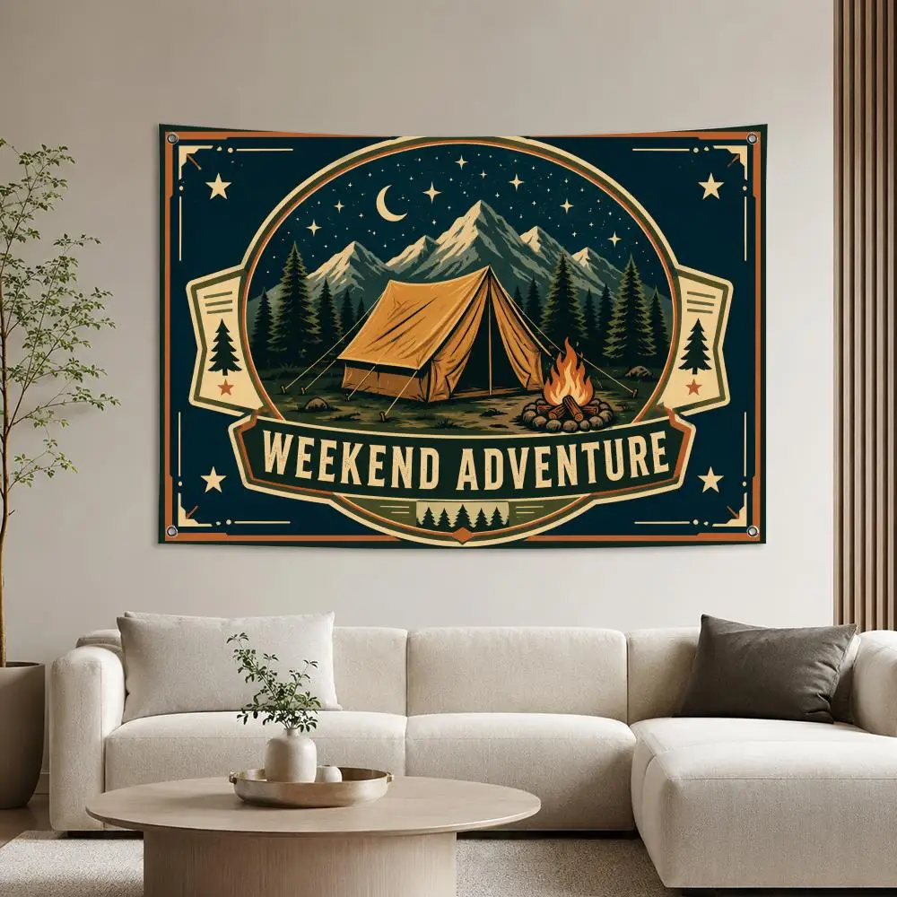 Weekend Adventure Camping Banner Flags Aesthetic Wall Tapestry Printed Wall Hanging Living Room Party Outdoor Decor