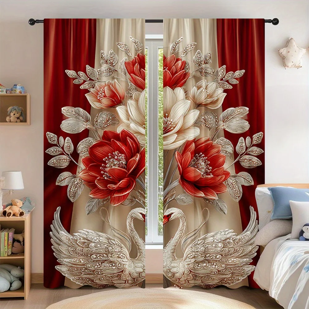 2pcs Elegant Swan & Floral Curtains with Rod Pocket – for Bedroom, Office & Living Room Decor