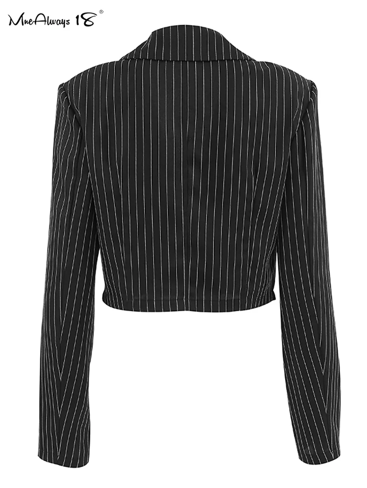 Mnealways18 Fashion Stripe Shoulder Pad Jackets Women Cropped Long Sleeves Blazers Tops High Street Female Streak Black Outwear