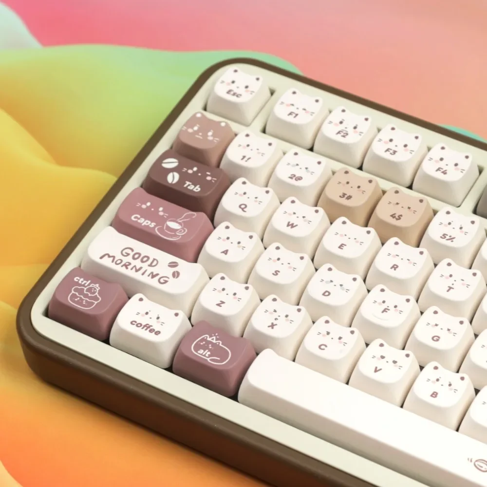 Imagem -03 - Teclas Mao com Tema Café Gato um Conjunto Completo de Pbt Marrom e Branco Adequadas para Acessórios de Teclado Mecânico para Jogos