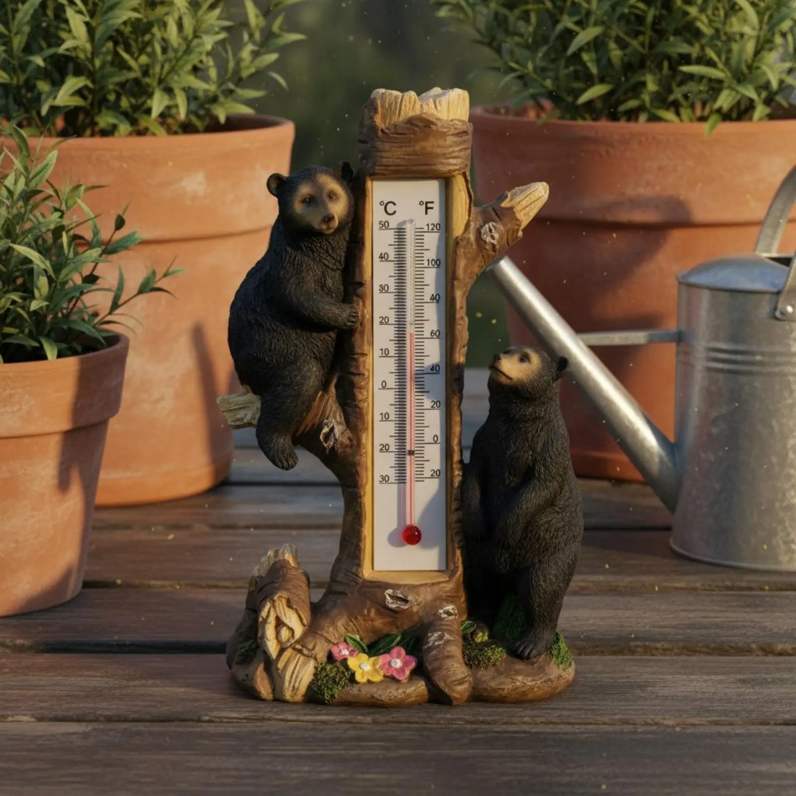 Bear Thermometer Statue Easy to Read Black Bear Temperature Decor Creature Garden Thermometer Weather Gauge Double-Scale view 2