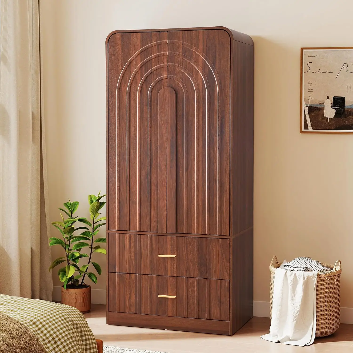 Freestanding Armoire Wardrobe Closet with Arched Fluted 2 Doors and 2 Storage Drawers, Large Capacity Wardrobe Cabinet Bedroom O