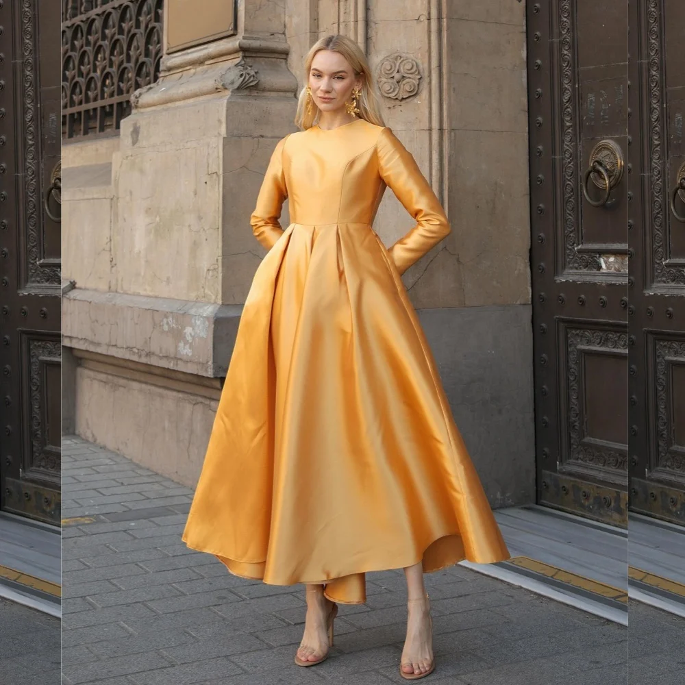 

Saudi Arabia Evening Satin Draped Celebrity A-line High Collar Bespoke Occasion Gown Midi Dresses