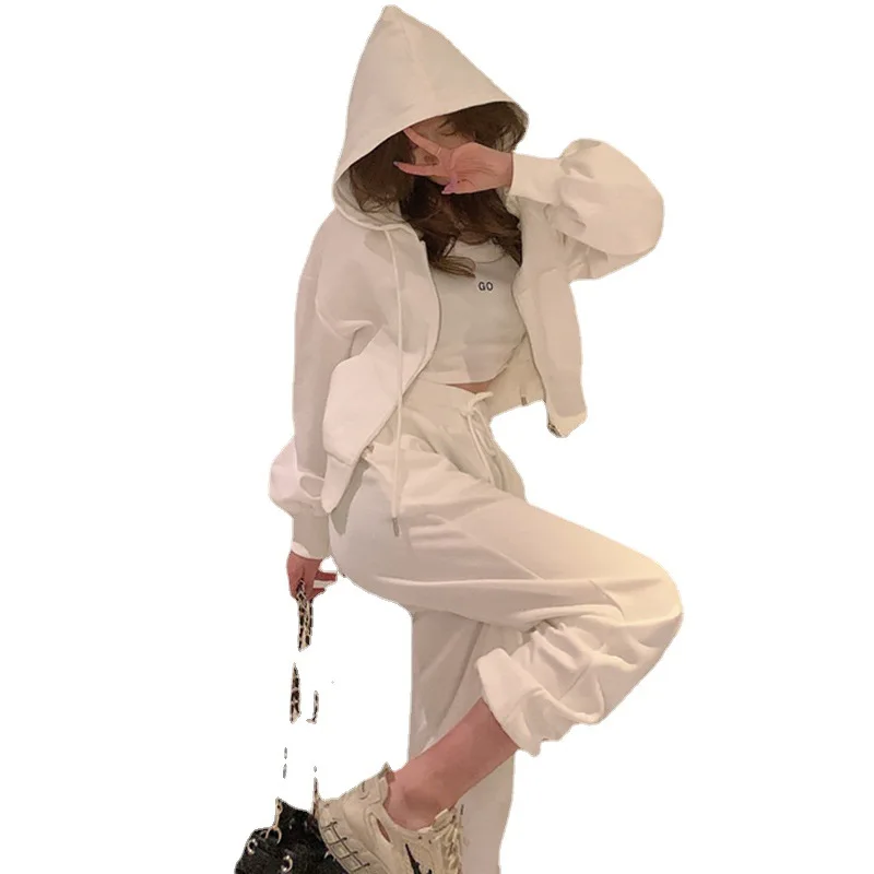 Kardigan Longgar Korea Baru Musim Semi Musim Gugur Wanita 2025 Celana Jogger Sweter Bertudung Suspender Set Tiga Potong