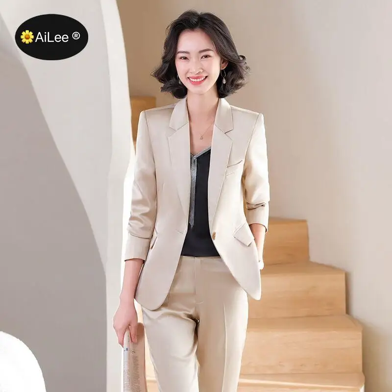 Blazer da donna in raso di seta Senior completo di pantaloni di lusso Set viola oversize Office Lady elegante cappotto Business giacche a bottone