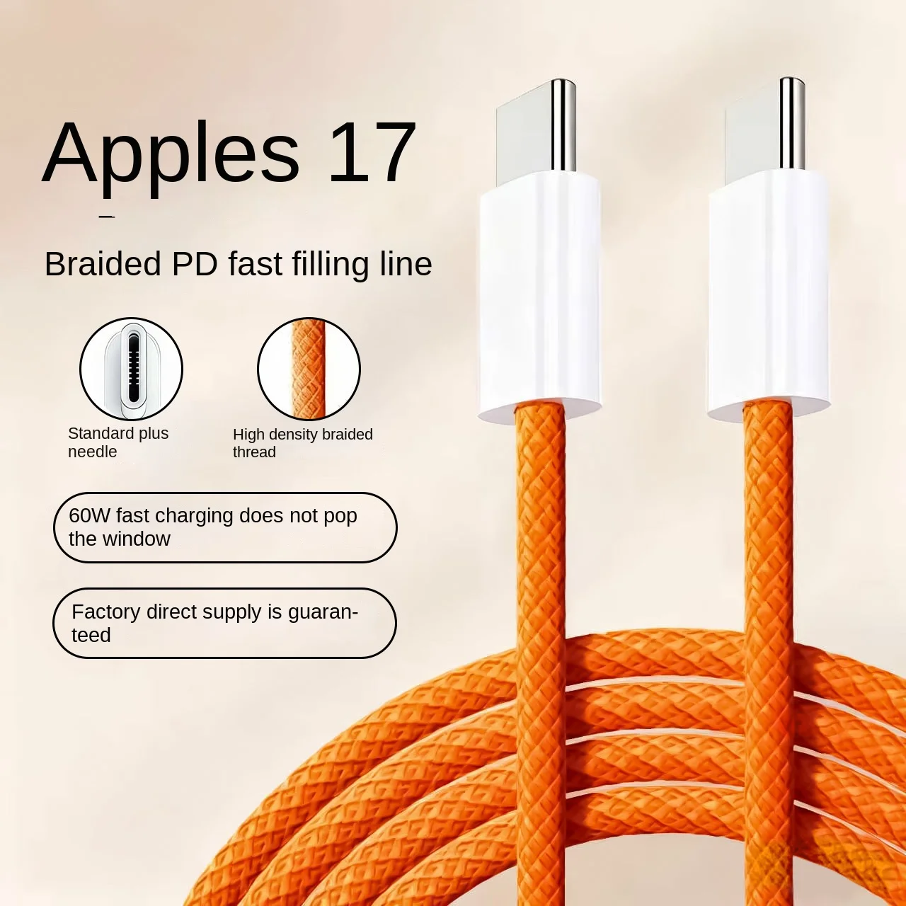Cabo de carregamento rápido USB-C para USB-C 60W PD, compatível com dispositivos iOS e Android, cabo de carregador tipo C trançado de nylon laranja