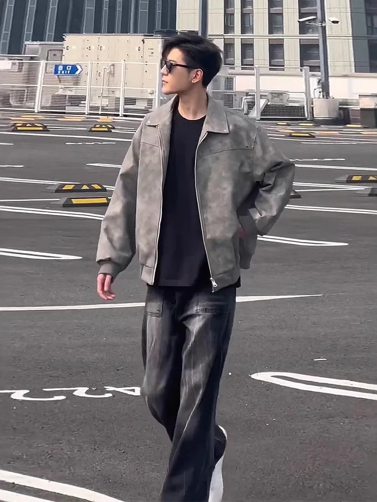 

ey ort Leather Jaet Men's Sli Retro Flip Collar Biker Jaet Versatile Autumn Winter Faion Casual Thin Fabric