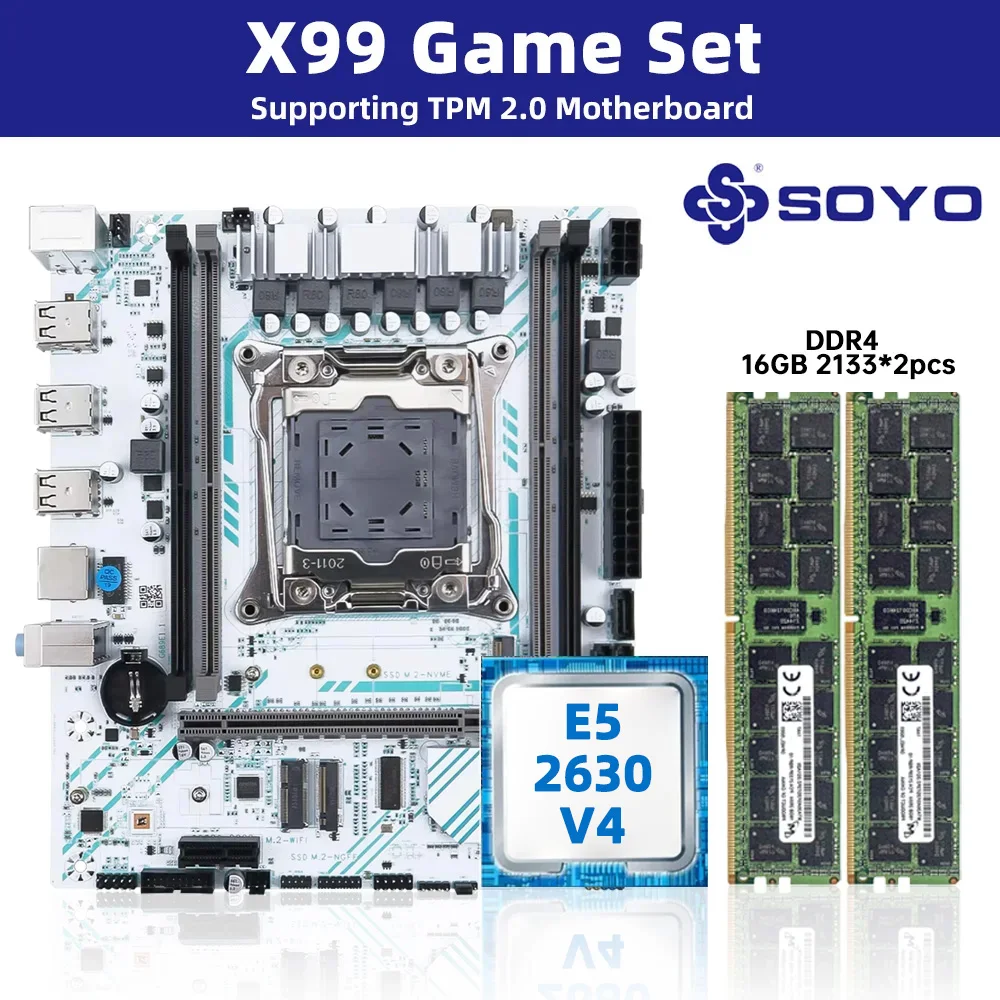 SOYO X99 Motherboard LGA 2011-3 Set Kit Xeon E5 2630 V4 CPU Processor 32GB=2*16GB DDR4 REG ECC RAM Memory M.2 NAME For Computer