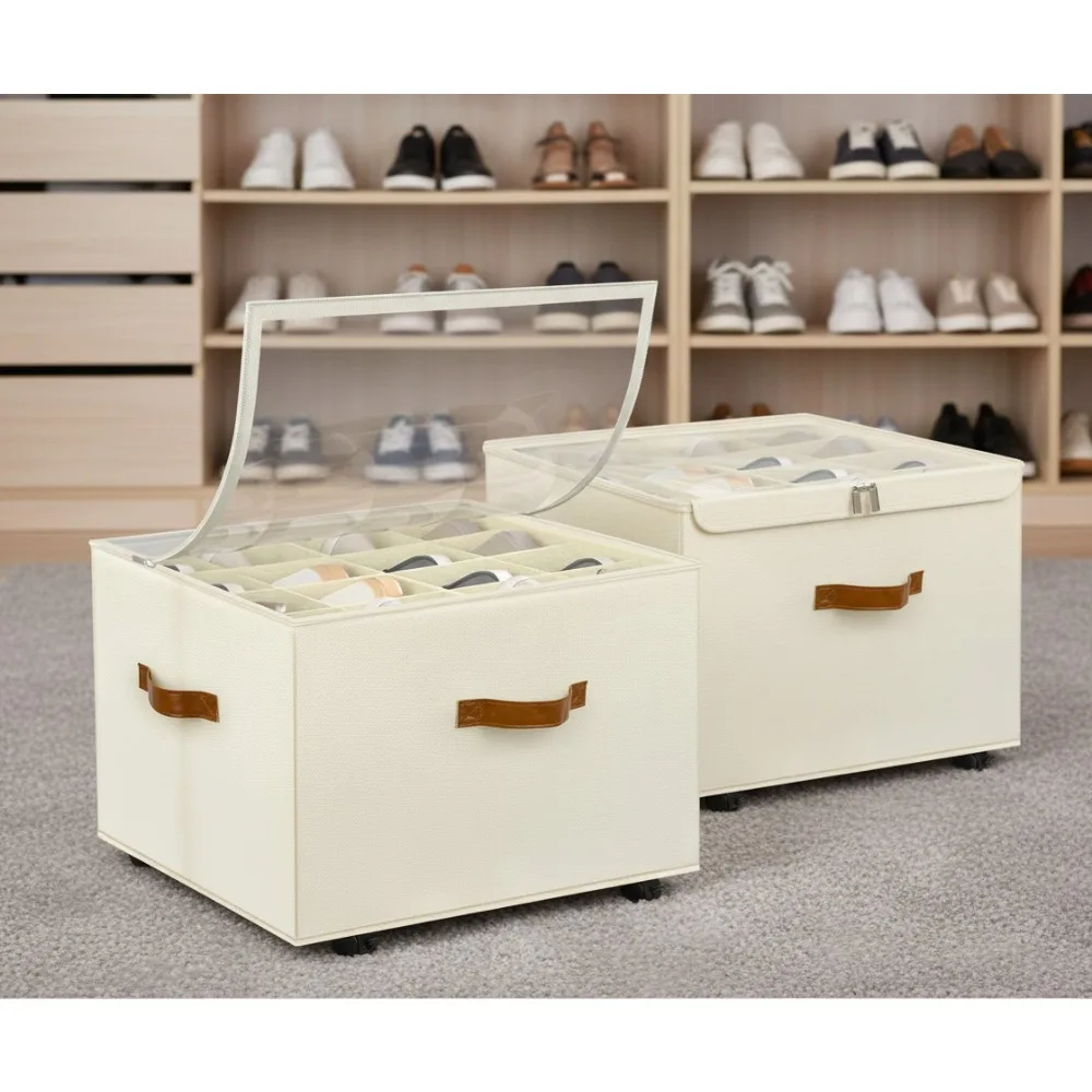 

2-Pack Stackable Shoe Organizer with Wheels, Adjustable Dividers & Clear Cover - Holds 16-32 Pairs, Beige