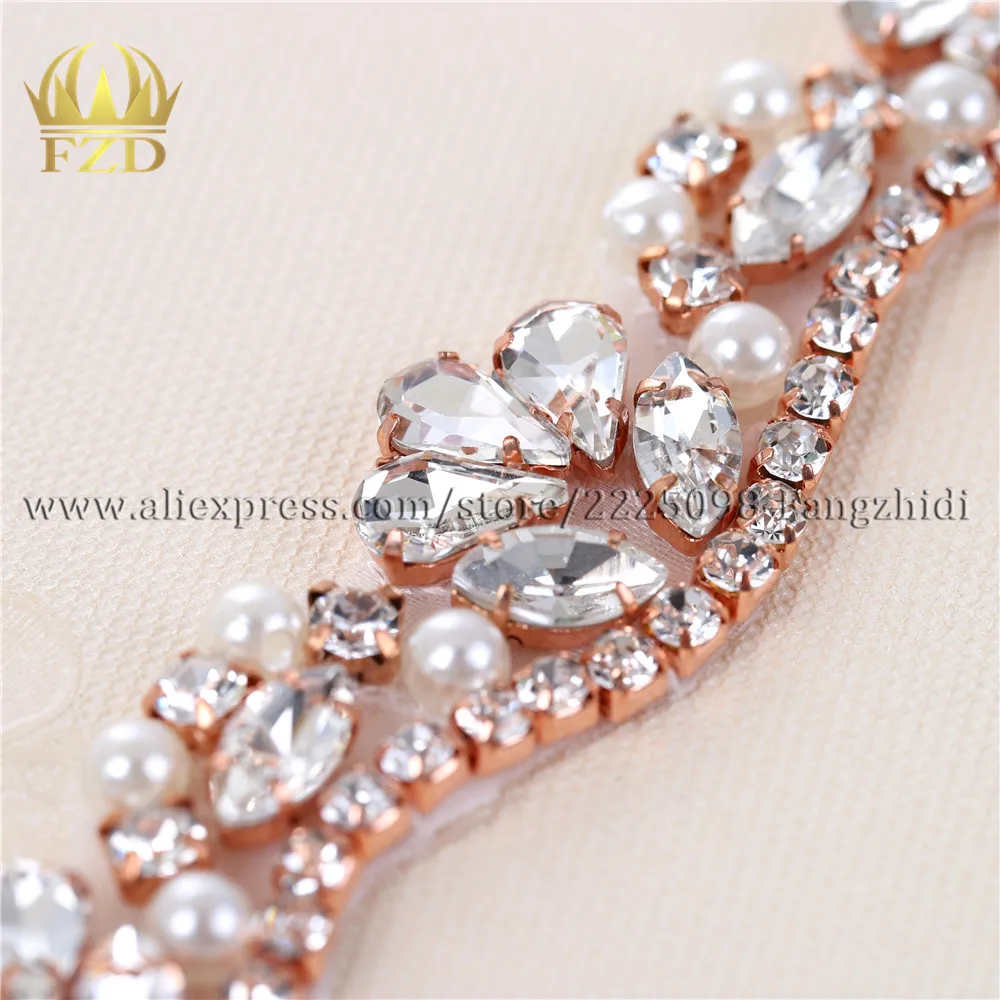 FANGZHIDI 1 Yard Rose Gold Sewing on Rhinestone Trim Crystal Beaded Applique for Wedding Dresses Belts FA-1071