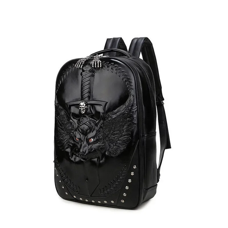 Avant Garde Men Leather Rucksack Student 3D Embossed Spatial Wolf Sword Skull Travel Shoulders Laptop School Bag view 4
