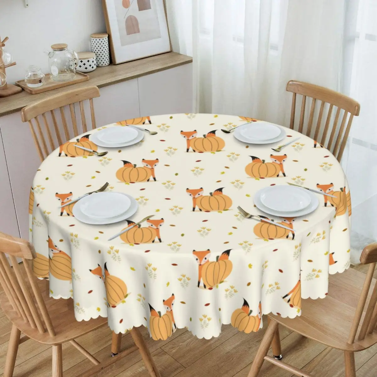 Custom Squirrel And Pumpkin Round Tablecloths 60 Inch Table Covers for Dining Table Cloth