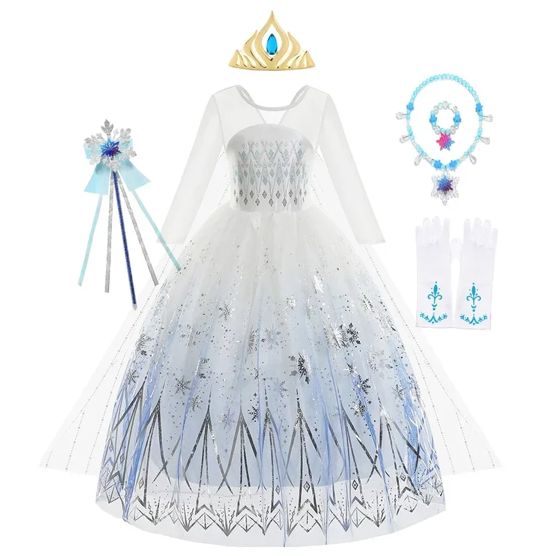 Ee01 elsa trajes para meninas cosplay princesa vestido de aniversário longo branco neve rainha vestidos halloween carnaval roupas & 0ww